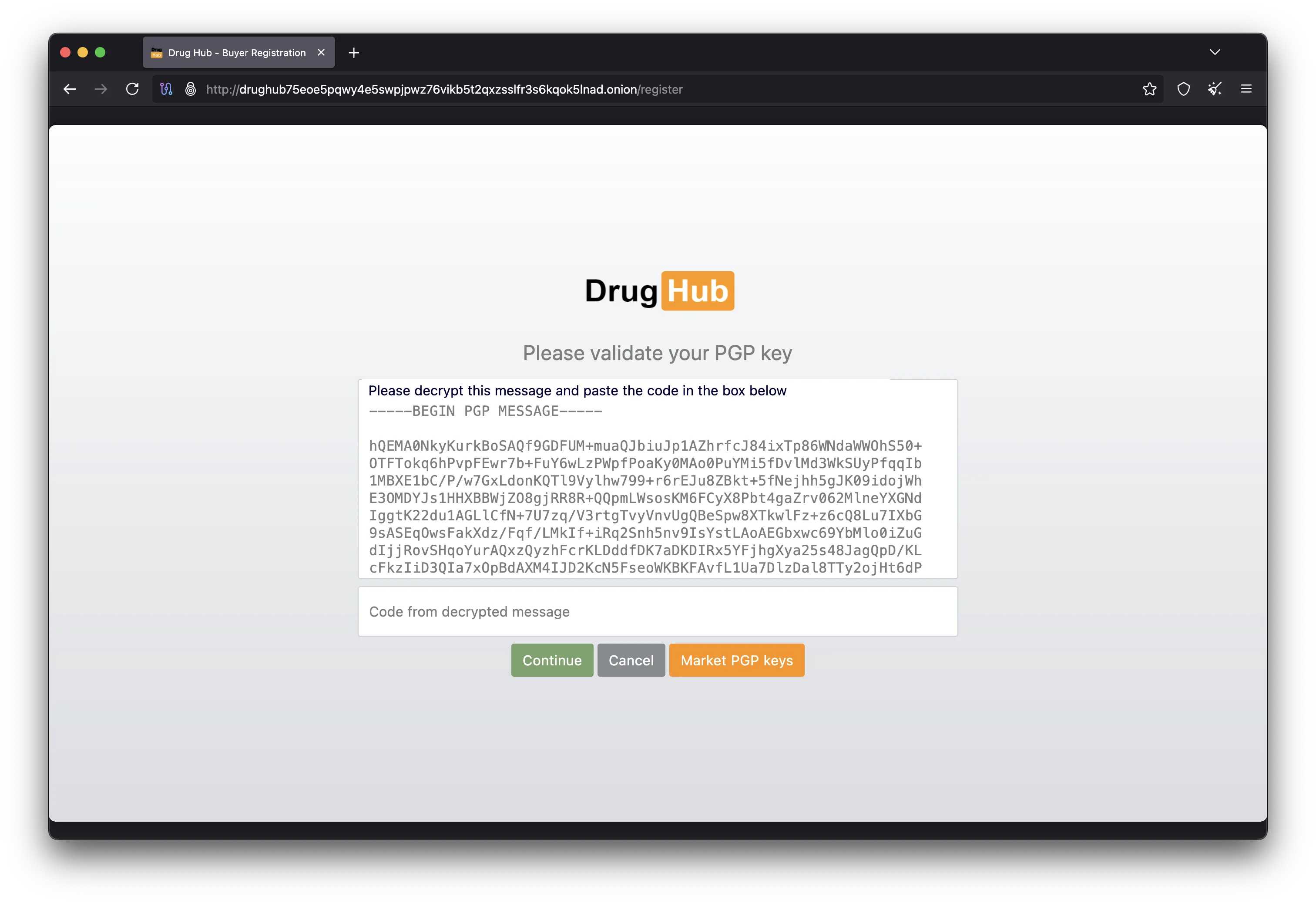 DrugHub Market PGP passwordless authentication login process interface 2025